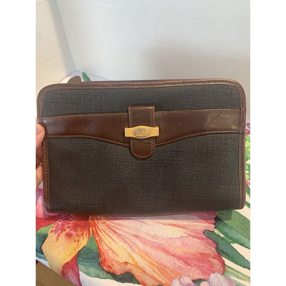 Vintage SateLouis Leather Clutch w green plaid interior Unisex  Made in Italy